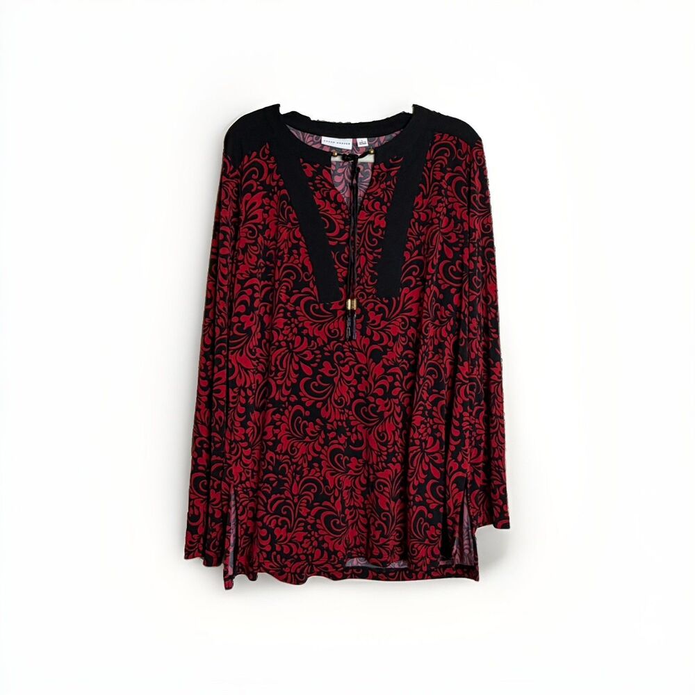 Susan Graver Large Liquid Knit V-Neck Red Black Blouse Long Sleeve Tie Neck